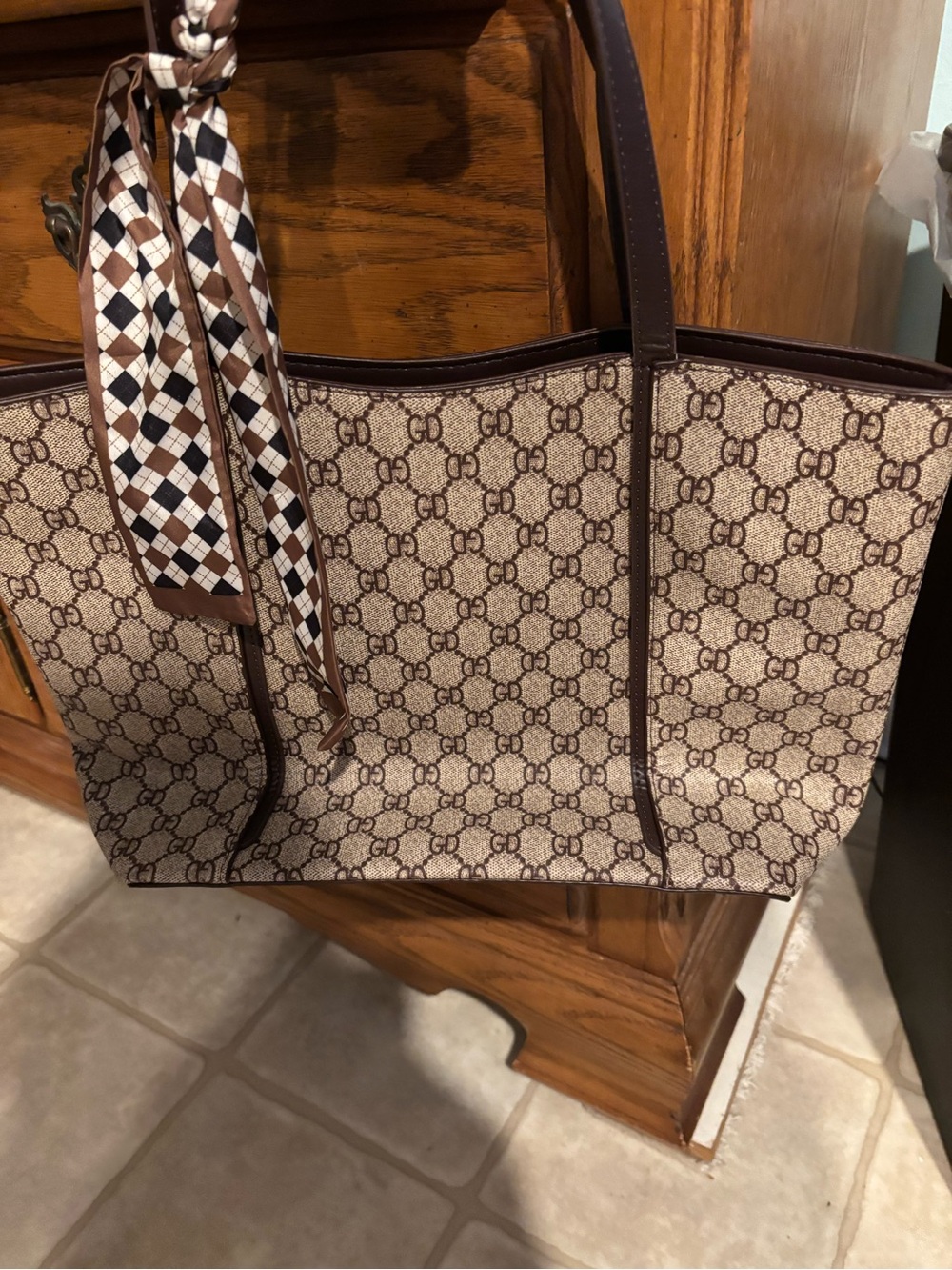 BNWot Beige Canvas Tote with Brown Trim